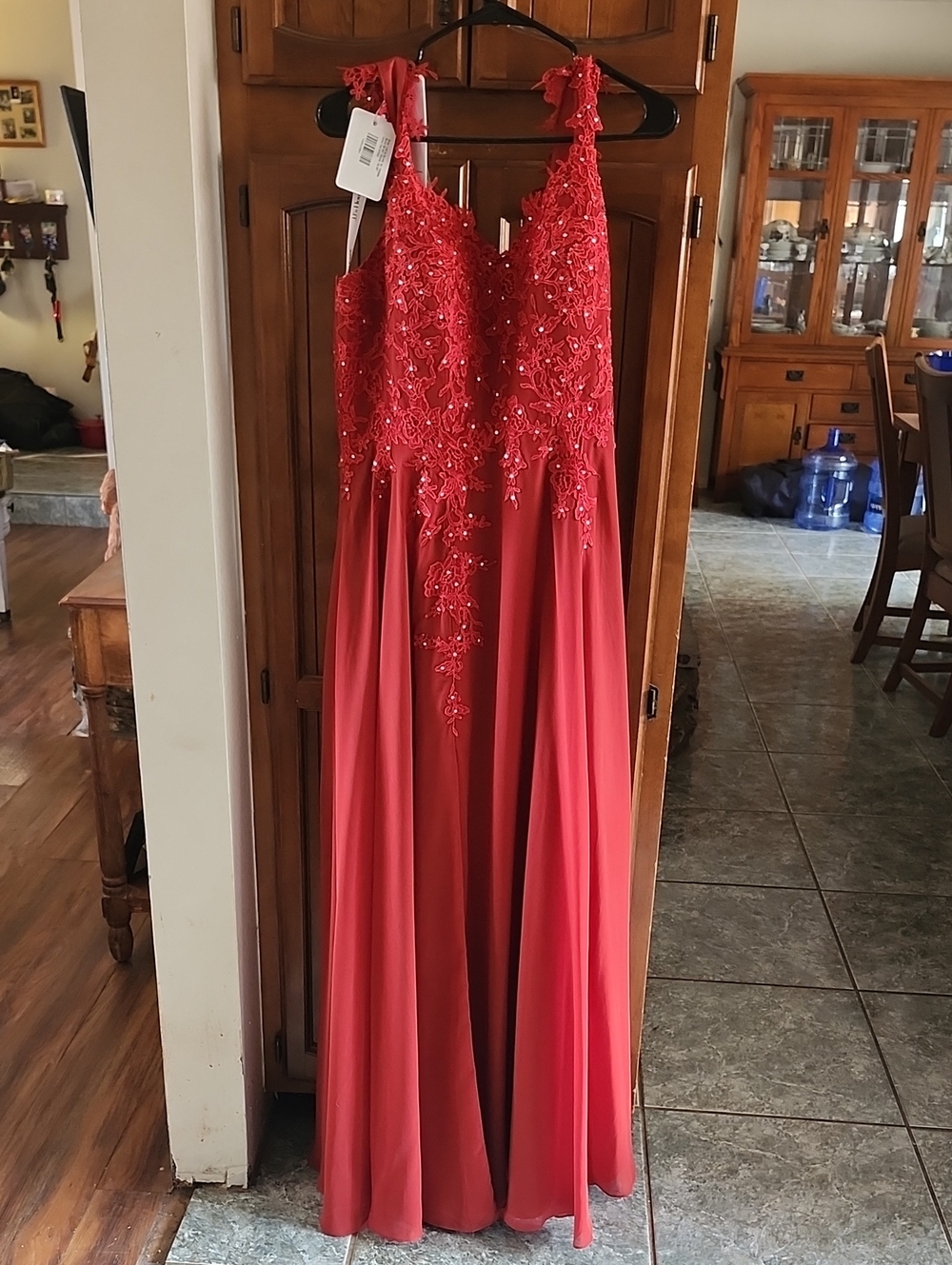 Red Embellished Lace Bodice Maxi Dress